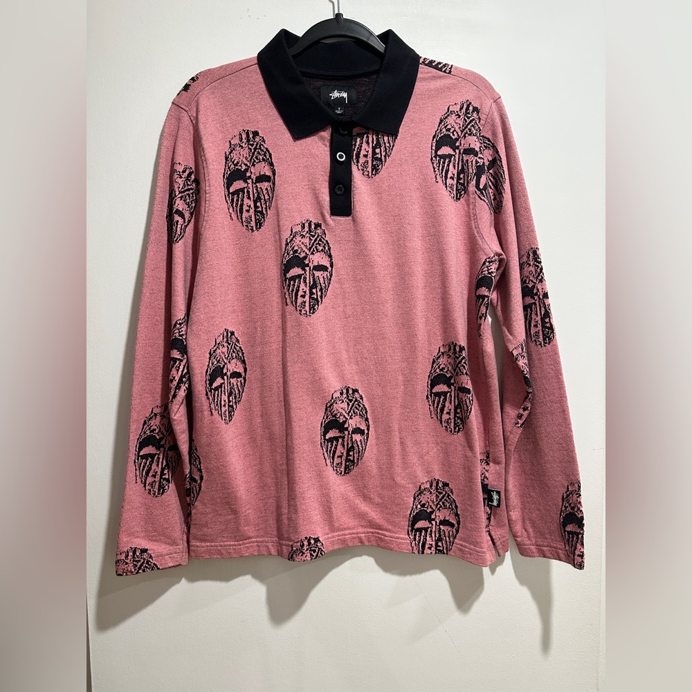 Stussy Mask Long Sleeve Polo Pink Cotton Knit Sweater S